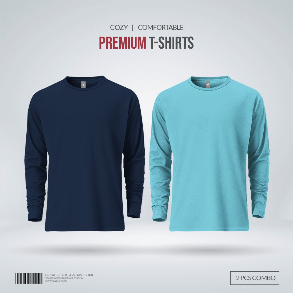 Mens Premium Blank Full Sleeve T Shirt Combo | Navy, Sky Blue